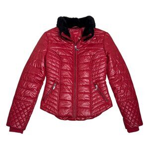 GUESS Red Designer Winter Puffer Parka Faux Fur Collar Jacket Coat Womens Small